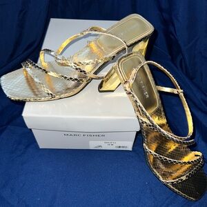 Marc Fisher Gold and Black Strappy Heels Sz 10